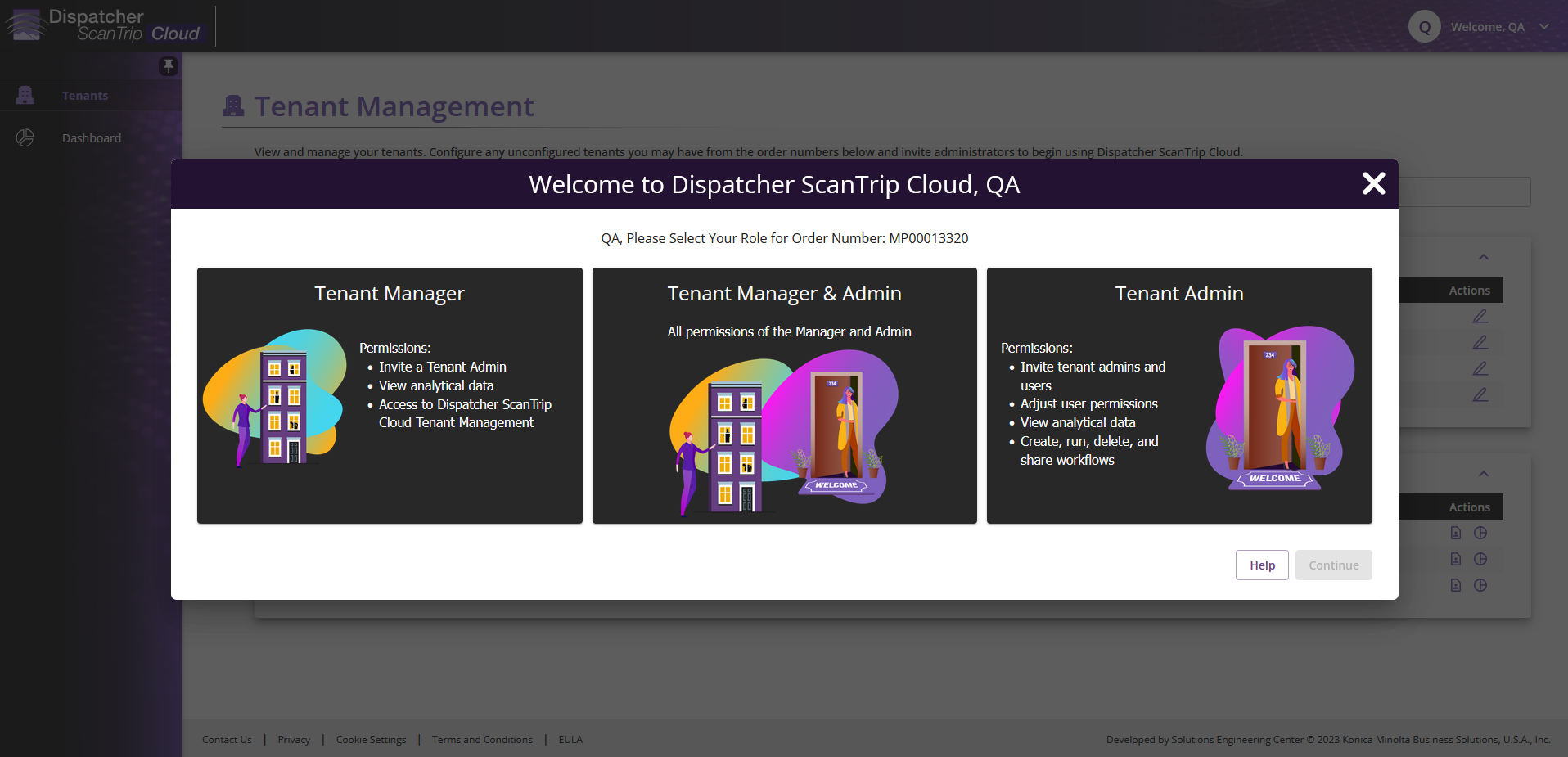 Tenant role selection window 