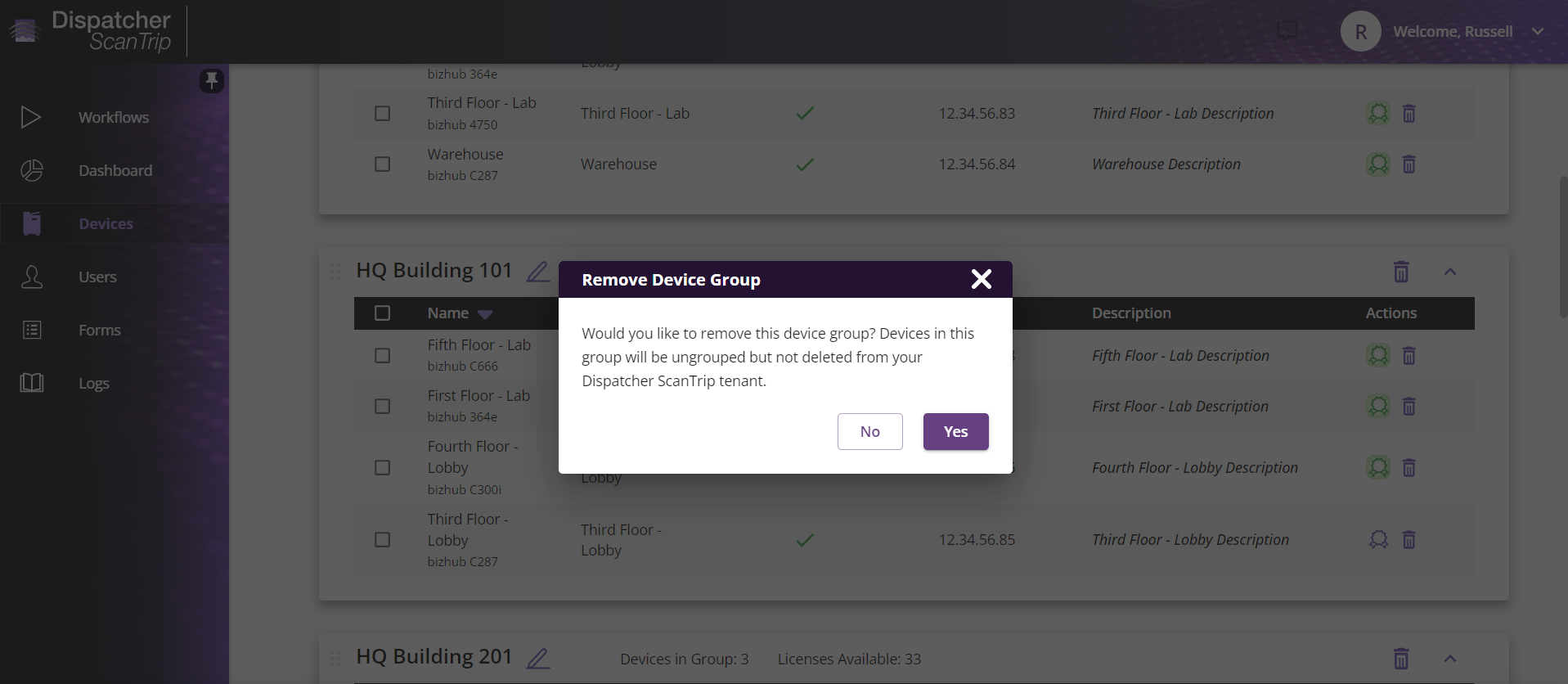 Confirm Delete Device Group 