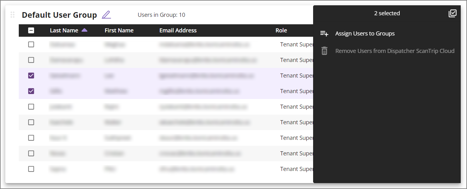 Assigning User Groups - Bulk Actions menu