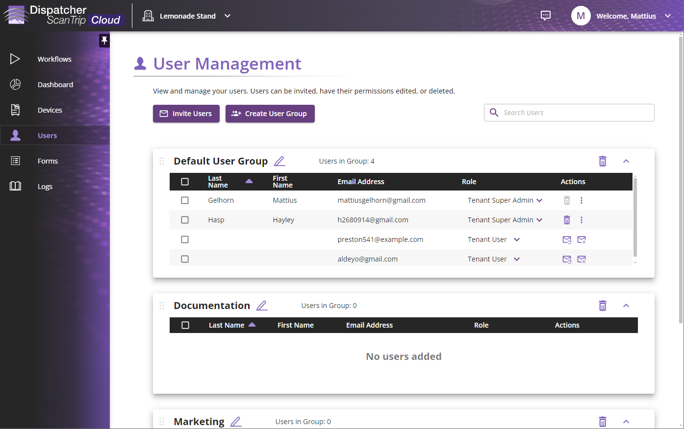 User Management page